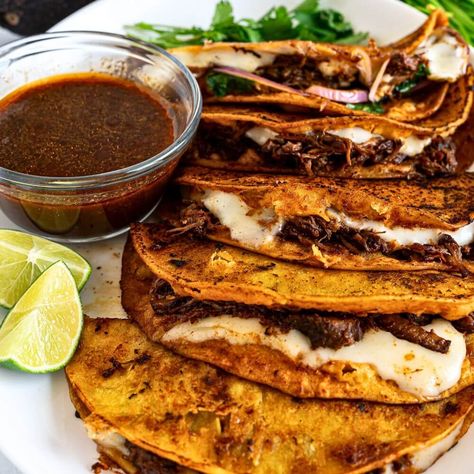 Quick Quesabirria Tacos - Tastilly Quesabirria Tacos Recipe, Quesabirria Tacos, Fried Tacos, Latino Food, Hispanic Recipes, The Best Tacos, Cheese Corn, Best Tacos, Simple Thanksgiving