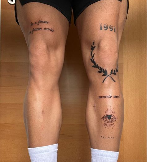 Fine Line Sleeve Tattoo For Men, Men’s Tattoo On Knee, Men’s Inner Arm Tattoos, Men’s Knee Tats, Tattoo Ideas For Men Knee, Go One More Tattoo, Mens Patch Work Tattoos, Patch Sleeve Tattoos For Guys, Sophrosyne Tattoo