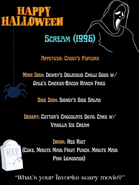 Scream Dinner And Movie, Horror Movie And Dinner, Themed Dinner Nights Meal Planning, Scream Movie Night Ideas, Scream Movie Dinner Ideas, Horror Movie Menu Ideas, Dinner And Movie Theme Night Adults, Horror Movie Themed Dinner Ideas, Scream Themed Dinner