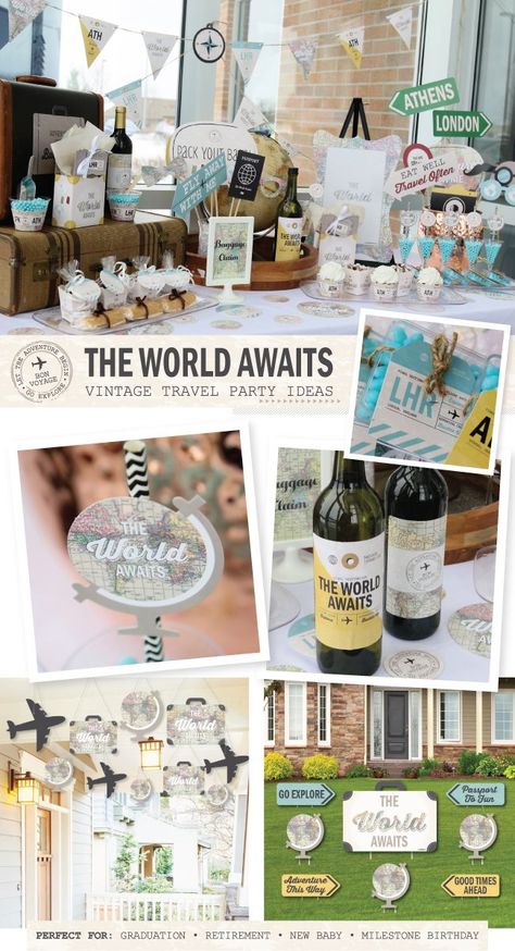 The World Awaits Vintage Travel Theme Party Ideas - PERFECT FOR: GRADUATION • RETIREMENT • NEW BABY • MILESTONE BIRTHDAY | BigDotOfHappiness.com Travel Party Decorations, Vintage Graduation Party, Travel Theme Party, Vintage Travel Party, Vintage Party Ideas, Bon Voyage Party, Vintage Travel Themes, Vintage Graduation, Theme Party Ideas