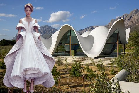 Does Form Follow Fashion? Viktoria Lytra's Montages Keep Iconic Architecture In Vogue | ArchDaily Unconventional Architecture, Fashion Inspired By Architecture, Architecture Inspired Fashion, Artistic Architecture, Architect Fashion, Structured Fashion, Architectural Fashion, Collection Couture, Conceptual Fashion