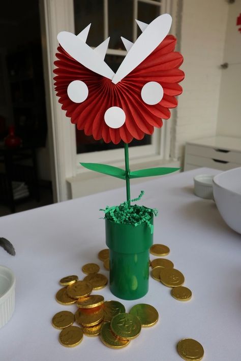 Geek Birthday Party, Super Mario Homemade Decorations, Super Mario Bros Party Ideas Centerpieces, Super Mario Fire Flower Diy, Mario Graduation Party, Mario Birthday Party Ideas Decorations, Mario Brothers Centerpieces, Nintendo Decorations Party, Super Mario Bros Party Ideas Decoration Diy Brother Birthday