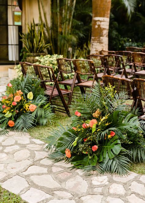 Tropical Forest Wedding Theme, Tropical Fruit Wedding Decor, Tropical Mexico Wedding, Tropical Flower Wedding Decor, Tropical Wedding Dance Floor, Tropical Forest Wedding, Tropical Aisle Decor, Tropical Wedding Ceremony Decor, Yellow Tropical Wedding