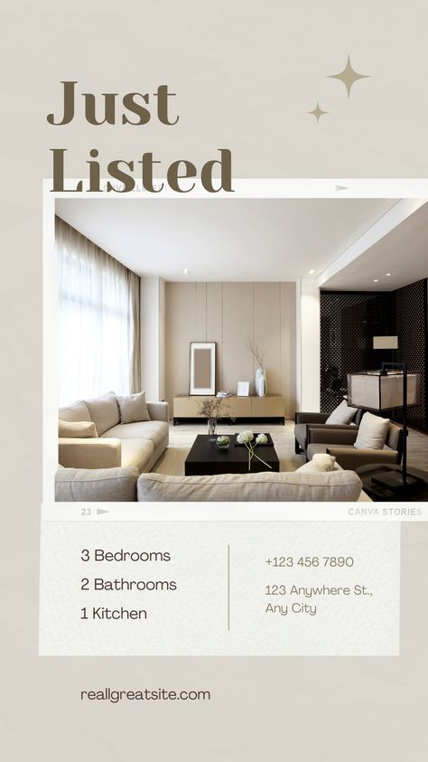 Neutral Minimalist Real Estate Just Listed Instagram Story Canva Template #goodwarestd #canva #luoffa #template Real Estate Stories, Real Estate Instagram Stories, Emojis Meanings, Font Combos, Real Estates Design, Create Your Story, Professional Fonts, Neutral Minimalist, Promotional Design