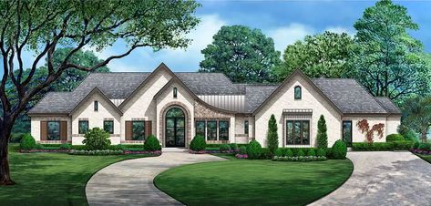 French-country House Plan - 4 Bedrooms, 4 Bath, 3835 Sq Ft Plan 63-739 One Level House Plans, Hill Country Homes, French Country House Plans, House Plans One Story, One Story Homes, Ranch House Plans, Country House Plans, Country Style Homes, French Country House