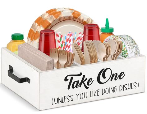 PRICES MAY VARY. 🍽️EASY KITCHEN ORGANIZATION: Are you tired of rummaging through drawers, tabletops and cupboards for forks or spoons? Our paper plate caddy has 7 deep compartments designed for knives, forks, spoons, napkins and paper plates; also can hold some everyday condiments like salt, pepper, ketchup, mustard, etc. Divided compartments keep items separated and organized, the open top design of the paper plate holder also makes it easy to organize and easily access all dishes or seasoning Diy Flatware Caddy, Wood Utensil Holder, Countertop Paper, Silverware Caddy, Kitchen Caddy, Kitchen Countertop Organization, Paper Plate Holders, Raffle Basket, Plate Holders