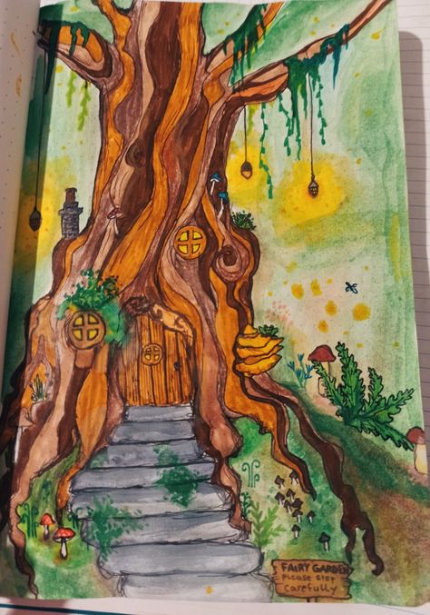 Paintings Fairycore, Drawing Ideas Fairy Core, Fairytale Drawings Easy, Fairy Cottage Drawing, Fairy Forest Drawing, Fairy Core Drawing, Fairy Village Drawing, Fairycore Drawing, Enchanted Drawing