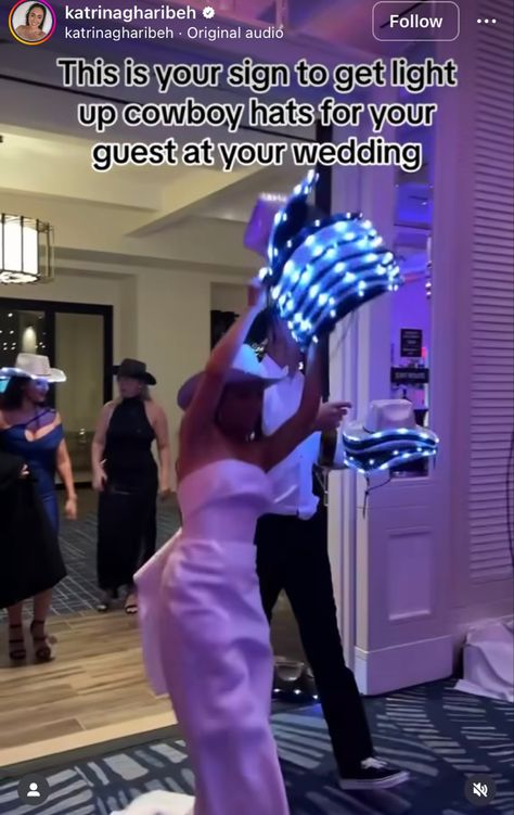 Wedding Light Up Cowboy Hats, Light Up Cowboy Hat Wedding Reception, Wedding Reception Light Up Props, Light Up Cowboy Hat Wedding, Wedding Reception Dance Floor, Guest Entertainment, Quince Themes, Dark Wedding Theme, Wedding Reception Lighting