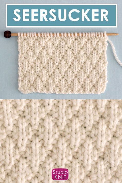 The Seersucker Stitch Knitting Pattern creates textured rows of raised puckered diamonds with an easy 8-Row Repeat of knits and purls. Great for beginning knitters. #StudioKnit #knitstitchpattern #seersucker #stitchpattern Seersucker Stitch, Stitch Knitting Pattern, Knitting Stitches Tutorial, Dishcloth Knitting Patterns, Knit Dishcloth, Knitted Blanket, Knitting Instructions, Beginners Knitting, How To Purl Knit