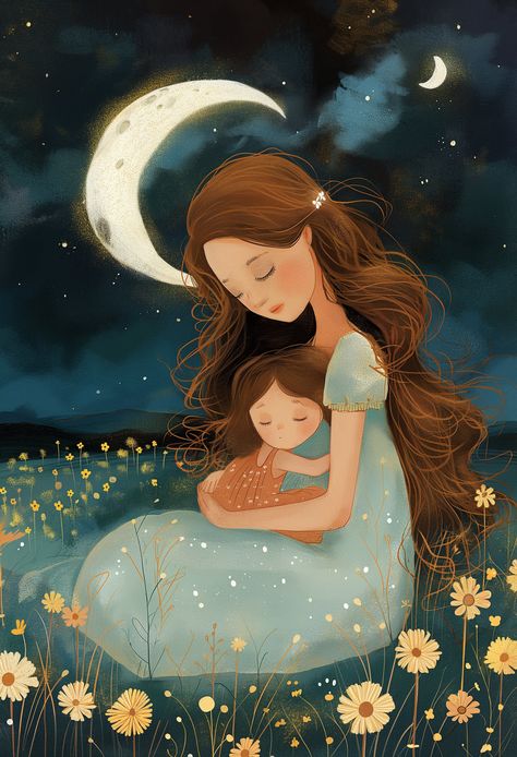 Immerse yourself in the whimsical beauty of our Mother's Day Digital Art - a perfect choice for a loving, heartfelt Mother's Day gift, instantly available for digital download! Witness the tenderness of a mother-daughter bond brought to life in an elegant and serene nightscape. Begin the journey with a high resolution digital download of our dreamy illustration - a unique Mother's Day art gift that can be instantly downloaded to adorn any space your mom cherishes. No need to wait for shipping. S Painting Of Mother And Daughter, Mom And Daughter Art Illustrations, Life Journey Illustration, Mother Love Pictures, Mother Illustration Art, Mom Daughter Art, Mom And Daughter Illustration, Waiting Illustration, Mom And Daughter Drawing