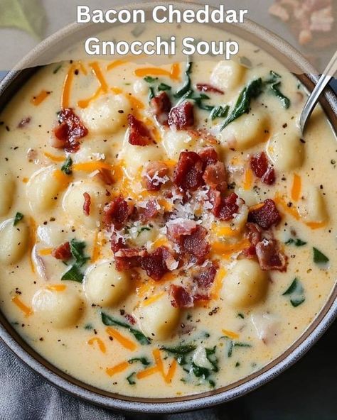 Emily recipes | Creamy Bacon and Cheddar Gnocchi Soup Delight | Facebook Soup Recipes Creamy, Gnocchi Recipes Soup, Quick Soup Recipes, Soup Lovers, Quick Soup, Gnocchi Soup, Delicious Soup Recipes, Soup Season, Bacon Cheddar