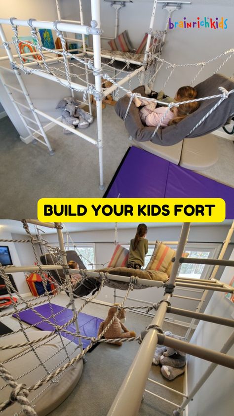 Transform your kids' indoor play gym into something that they will go to when they want to play and rest. This fort set-up is perfect for your kids' calm space. Indoor Play Fort, Indoor Ninja Course For Kids, Indoor Kids Gym, Indoor Toddler Gym, Home Indoor Playground, Indoor Play Gym, Kids Indoor Gym, Indoor Climbing Gym, Indoor Jungle Gym