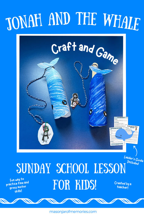 Jonah and the Whale Bible Story Lesson for Sunday School with a Craft and Game: Includes a Leader's Guide of the story of Jonah and the Big Fish. Image also includes photo of whale craft and game along with Jonah. Perfect for Sunday School or homeschool. Children's Church Lessons, Jonah Bible Story, Jonah And The Whale Craft, Jonah Craft, Jonah Bible, Sunday School Lessons For Kids, Whale Craft, Whale Crafts, Jonah And The Whale