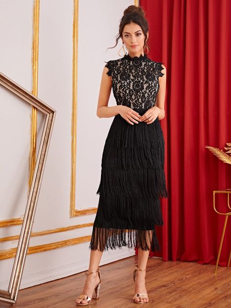 Pencil Dress Outfit, Layered Fringe, Stand Collar Dress, Glamorous Fashion, Long Sleeve Velvet Dress, Prom Shoes, Dress Silhouette, Glamour Fashion, Lace Bodice