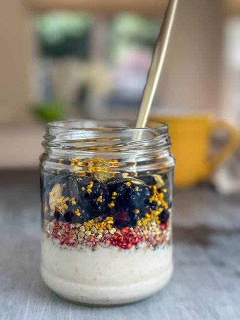 This high protein, dairy free yogurt parfait makes for a great grab-and-go breakfast, post workout snack, or lunch. This is a great egg-free high protein breakfast option! It takes 5 minutes to make, has no added sugars, is full of healthy fats, has good balance of carbohydrates, and as I said before, has 37.5 grams of protein to boot! Overnight Buckwheat, High Protein Dairy Free, Protein Dairy Free, Quinoa Cereal, Buckwheat Porridge, Post Workout Snack, Candida Recipes, Dairy Free Yogurt, Warm Breakfast