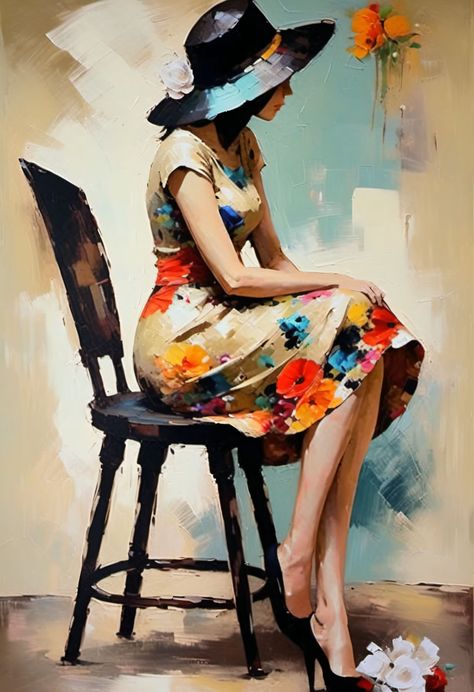 A beautiful painting captures the essence of a woman sitting on a chair, adorned with an elegant hat. The artist skillfully portrays the woman's poise and grace, as she sits in contemplation. The colors and brushstrokes bring life to the canvas, creating a captivating scene that draws the viewer in. Every detail, from the woman's expression to the intricate details of the hat, is carefully crafted with precision. Sitting Woman Drawing, Sitting In Chair, Hat Drawing, Elegant Hat, Gardening Hat, Elegant Hats, Woman Sitting, Big Hat, Painted Chairs