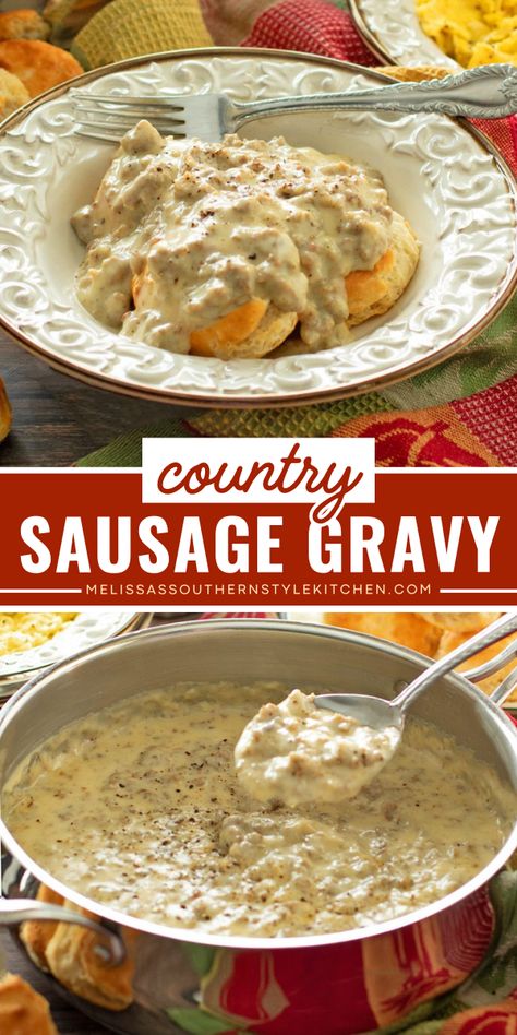 This Country Sausage Gravy is a thick and creamy country-style white gravy made with simple seasonings and pork sausage crumbles. It’s comfort food personified that can be served drizzled over biscuits for breakfast, brunch or supper any day of the week. Country Style Recipes, Sausage Supper Ideas, How To Make Sausage Gravy, Breakfast Food Truck Ideas, Country Meals Southern Style, Pork Sausage Recipes Breakfast, Sausage Biscuits And Gravy, White Sausage Gravy, Biscuits For Breakfast