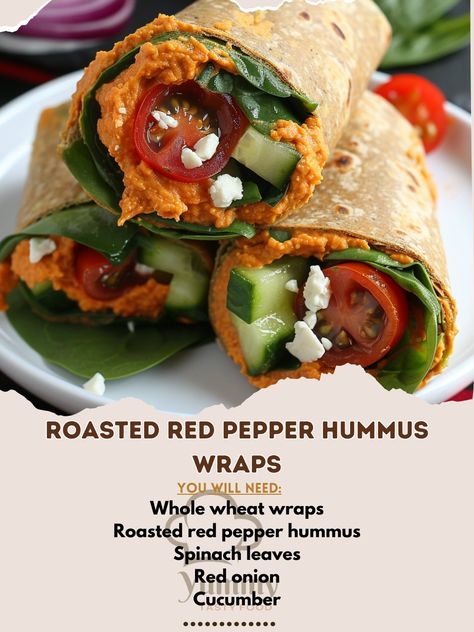 🌶️🥙 Wrap up your day with Roasted Red Pepper Hummus Wraps for a flavorful meal! #WrapItUp #HummusLove Roasted Red Pepper Hummus Wraps Ingredients: Whole wheat wraps (4) Roasted red pepper hummus (1 cup) Spinach leaves (2 cups) Red onion (1/4 cup, thinly sliced) Cucumber (1, thinly sliced) Cherry tomatoes (1 cup, halved) Feta cheese (1/2 cup, crumbled) Olive oil (2 tbsp) Balsamic vinegar (1 tbsp) Salt (to taste) Black pepper (to taste) Instructions: Spread roasted red pepper hummus evenly ... Red Pepper Hummus Wrap, Red Food Party, Cherry Tomatoes And Feta Cheese, Hummus Wraps, Tomatoes And Feta Cheese, Sliced Cucumber, Hummus Wrap, Pepper Hummus, Roasted Red Pepper Hummus