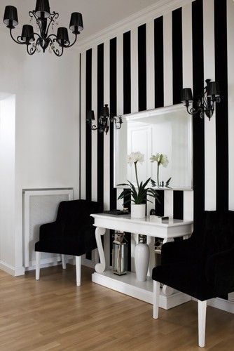 Another way to paint your craft room!  I am a big fan of black and white Nail Salon Design, Striped Room, White Interior Design, Black And White Interior, 카페 인테리어 디자인, Black And White Decor, घर की सजावट, Home Salon, Decoration Inspiration