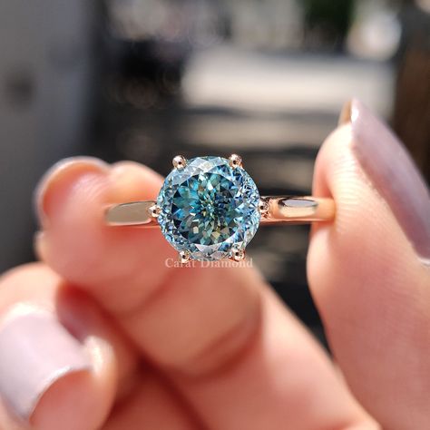 Wedding Ring Solitaire, Etsy Engagement Rings, Blue Moissanite, Handmade Engagement Rings, Round Diamond Ring, Wedding Rings Solitaire, Moissanite Diamond Rings, Gold Anniversary, Cyan Blue