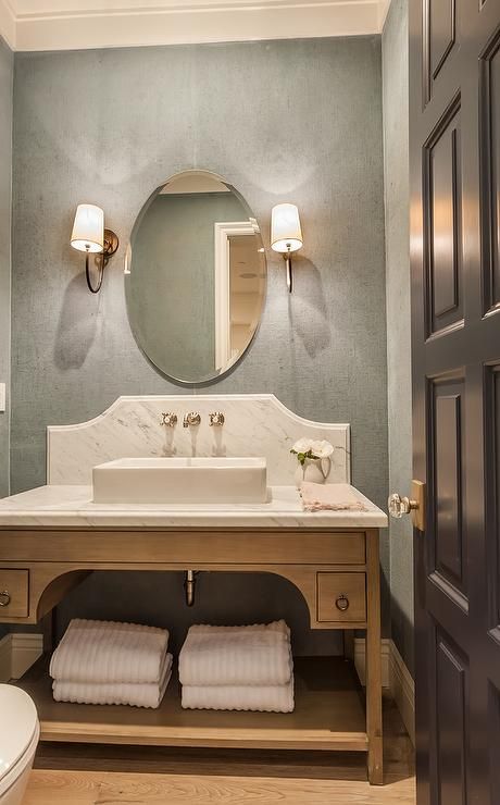 Powder Bathroom Design, Beveled Bathroom Mirror, Curved Vanity, Vanity Backsplash, Powder Bathroom, Powder Room Design, Transitional Bathroom, Downstairs Bathroom, Bathroom Backsplash