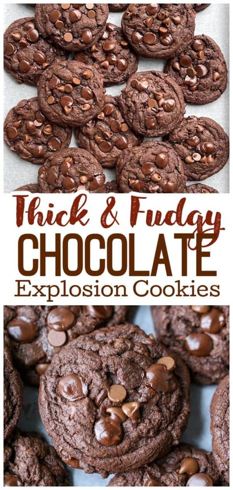 Do you have a craving for something rich and chocolaty? Look no further than our Thick 'n Fudgy Chocolate Explosion Cookies! These homemade cookies are an explosion of triple-chocolate-y goodness - the perfect balance of chewy and fudgy - that will satisfy any chocolate lover's sweet tooth. Learn our easy tips for getting those perfect fudgy cookies every time! Fudgy Triple Chocolate Cookies, Chocolate Fudge Cookies Chewy, Fudgy Chocolate Cookies, Triple Chocolate Cookies Recipe, Soft Chocolate Fudge, Fudge Cookies Recipe, Sweets Business, Fudge Cookie Recipe, Fudgy Cookies