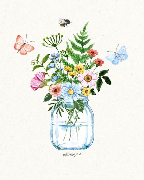 Wild Flowers Bouquet Drawing, Cute Flower Bouquets Drawings, Wild Flower Bouquet Painting, Flowers In A Jar Painting, Flower Bouquet Drawing Watercolor Print, Flowers In Mason Jars Drawing, Mason Jar Watercolor, Summer Flowers Illustration, Summer Flower Illustration