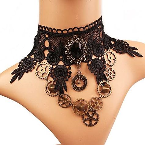 MIUNIKO Women Party Gothic Steampunk Gear Collar Choker Necklace Party Accessories, Makeup - Amazon Canada Steampunk Choker, Black Lace Necklace, Steampunk Outfits, Punk Costume, Moda Steampunk, Steampunk Halloween, Gothic Chokers, Diy Collier, Motifs Perler