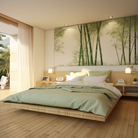 Green And Bamboo Bedroom, Caribbean Room Ideas, Green Zen Bedroom, Relaxing Bedroom Ideas Zen, Japan Style Bedroom, Asian Zen Interior Design, Zen Style Bedroom, Bedroom Parents, Japanese Dining Room