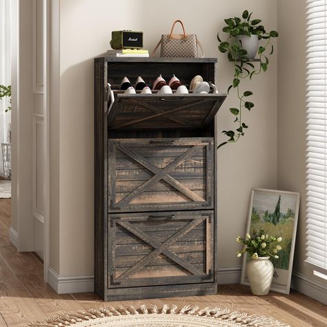 PRICES MAY VARY. 【Entryway Shoe Cabinet】: The hidden shoe storage cabinet with 3 flip doors, farmhouse doors with metal corner moldings and wire channel craftsmanship combine farmhouse beauty with the practicality of storage space. Perfect for placing in the entryway, hallway, living room, or porch, provides a neat looking in your home and space saving. 【Shoe Cabinet for Small Spaces】: 24" W*9.45" D*48.19" H. Compared with other shoe cabinets, our slim shoe cabinets have a narrower width. The sh Front Door Shoe Storage, Hidden Shoe Storage, Shoe Cabinet Storage, Slim Shoe Cabinet, Shoe Cabinet Entryway, Narrow Shoe Rack, Wood Organization, Shoe Cabinets, Heels Slippers