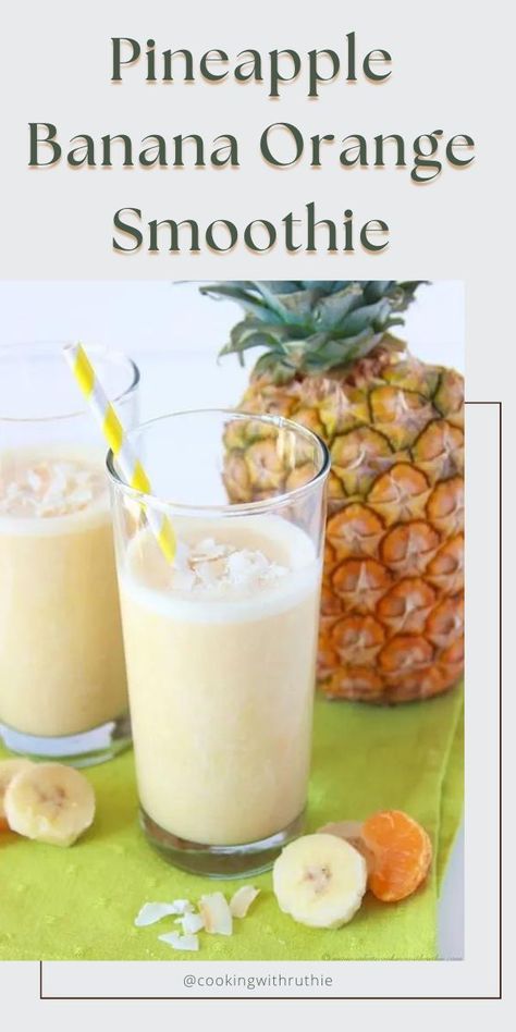 Start your day off right with a Pineapple Orange Banana Smoothie! Packed with vitamins and tropical flavors, it's the perfect way to fuel your morning. 🍍🍊🍌 #SmoothieRecipe #HealthyBreakfast || cookingwithruthie.com Orange Banana Smoothie Recipe, Orange Banana Smoothie, Serving Glasses, Banana Smoothie Recipe, Ice Milk, Banana Smoothie, Smoothie Recipe, Refreshing Drinks, Coconut Flakes