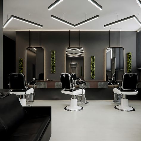 Barbershop Mirror Ideas, Barbershops Designs, Industrial Shop Interior, Barber Shop Design Interior, Home Barber Shop Ideas, Modern Barber Shop Ideas, Barber Stations Ideas, Barber Suite Ideas, Small Barbershop Design Interior