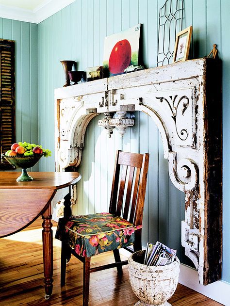 Love when people use something  so creative, makes a huge statement!  You don't have to have a fireplace to have an antique mantle as a focal point Salvaged Decor, Bg Design, Architectural Pieces, Wood Corbels, Faux Fireplace, Fireplace Mantle, Fireplace Surrounds, Architectural Salvage, A Chair