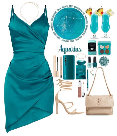 Teal Outfits Female, Aquarius Looks, Cyan Outfit Aesthetic, Teal Dress Outfit Casual, Teal And Gold Outfit, Teal Dress Accessories, Aquarius Outfits Aesthetic, Turquoise Dress Casual, Teal Outfit Ideas