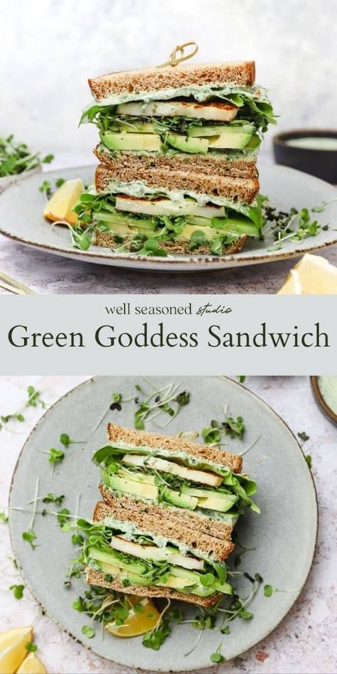 Green Goddess Sandwich Recipe Seared Halloumi, Green Goddess Sandwich, Lettuce Recipes, Halloumi Cheese, Goddess Dressing, Grilled Halloumi, Green Goddess Dressing, Pregnancy Cravings, Vegetarian Sandwich