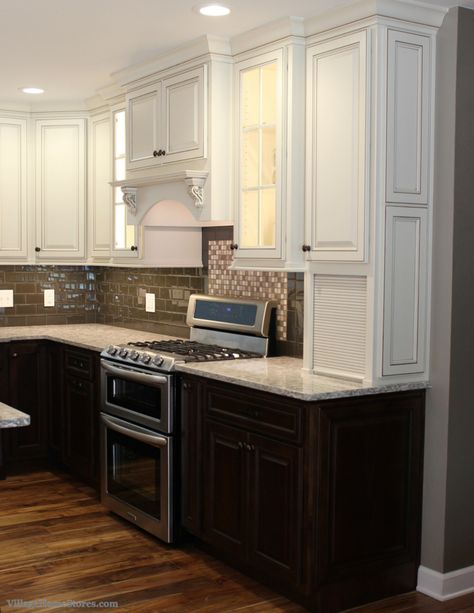 White Upper Cabinets, Kitchen Cabinets Painted, Espresso Kitchen Cabinets, Two Tone Kitchen Cabinets, Espresso Kitchen, Cabinets Painted, Painted Kitchen Cabinets Colors, Two Tone Kitchen, Black Kitchen Cabinets