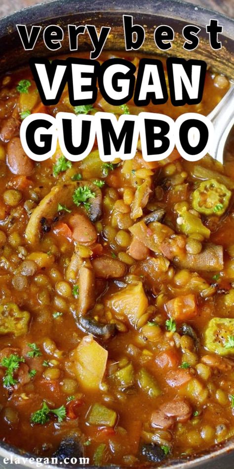 Easy Gumbo Recipe With Okra, Gumbo Recipe Without Seafood, Veggie Gumbo Recipe, Okra Gumbo Recipe Easy, Okra Vegan Recipes, Sides For Gumbo, Quick And Easy Vegan Dinner Recipes, Lentil Gumbo, Gumbo Vegan