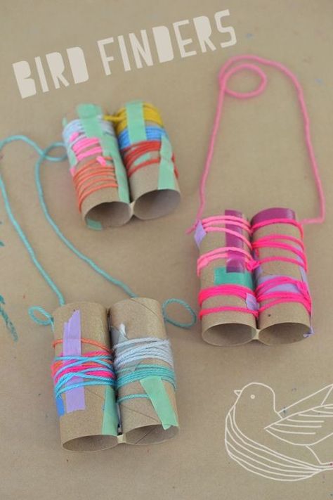 If you're hoping to spot some unique birds on your next hike, try making these bird finder binoculars first! // Craft by Art Bar Craft With Yarn, Diy Binoculars, Binocular Craft, Green Crafts, Vbs Craft, Kraftangan Prasekolah, Maluchy Montessori, Colored Tape, Daycare Crafts