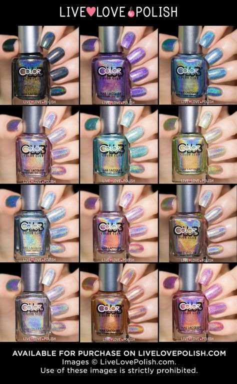 I got the color club over the moon. We've swatched all 12 Color Club holographic nail polishes for you! :) Shop here: http://www.livelovepolish.com/collections/color-club/holographic Color Club Nail Polish, Holo Nails, New Nail Polish, Holographic Nail Polish, New Nail, Color Club, Get Nails, Nail Polish Collection, Holographic Nails