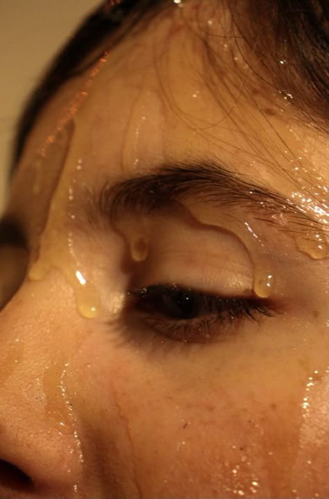 earth warm tones to create the glossy honey look with a human eye Honey Dripping Photography, Up Close And Personal Photography, Up Close Photography Faces, Shower Photography Woman, Honey Portrait, Tears Photography, Artsy Pants, Painting Photoshoot, Beauty Moodboard