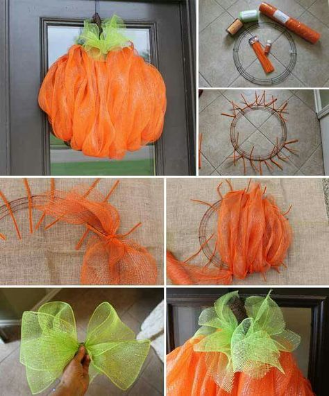 Pumpkin Diy Fall Wreath Ideas, Diy Projects For Fall, Mesh Pumpkin, Deco Mesh Pumpkin, Fall Wreath Ideas, Mesh Crafts, Wreath Hanging, Mesh Wreath Diy, Deco Wreaths