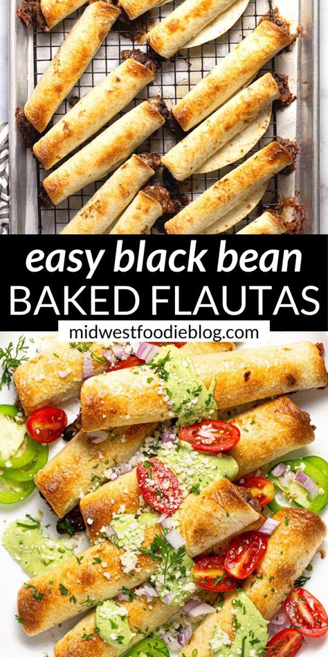 Black Bean Flautas, Bean Flautas, Baked Flautas, Wisconsin Beer Cheese Soup, Tuesday Dinner, Roasted Tomato Salsa, Creamy Avocado Sauce, Beer Cheese Soups, Easy Snack Recipes