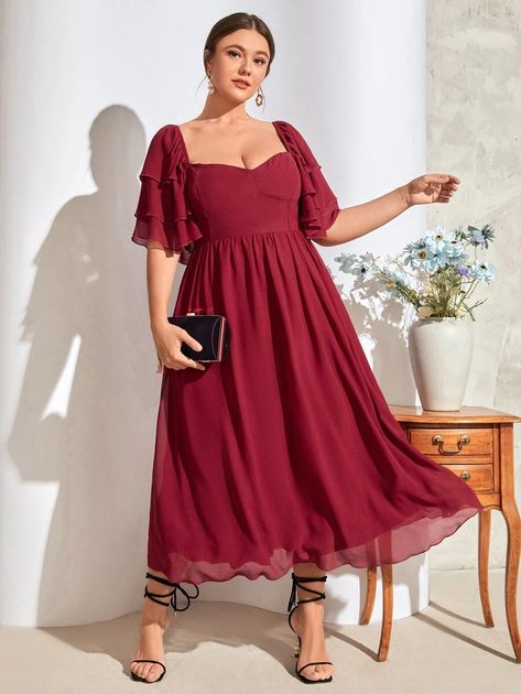 SHEIN Plus Layered Sleeve Tied Backless Overlay Dress | SHEIN USA Simple Party Outfit Plus Size, Burgundy Plus Size Dress, Bridesmaid Dresses Curvy Plus Size, Formal Wedding Guest Dress Plus Size, Summer Wedding Guest Dress Plus Size, Plus Size Dresses To Wear To A Wedding, Plus Size Wedding Guest Dress Summer, Wedding Guest Dress Plus Size, Plus Size Fancy Dresses