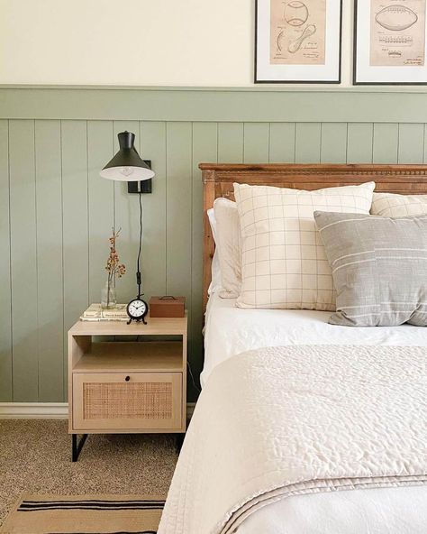 30 Farmhouse Half Wall Paneling Ideas to Enhance Your Home Light Green Wainscoting, Neutral Boys Bedroom, Green Wainscoting, Half Wall Paneling, Half Wall Paneling Ideas, Wall Paneling Ideas, Bedroom Cream, Paneling Ideas, Vertical Shiplap