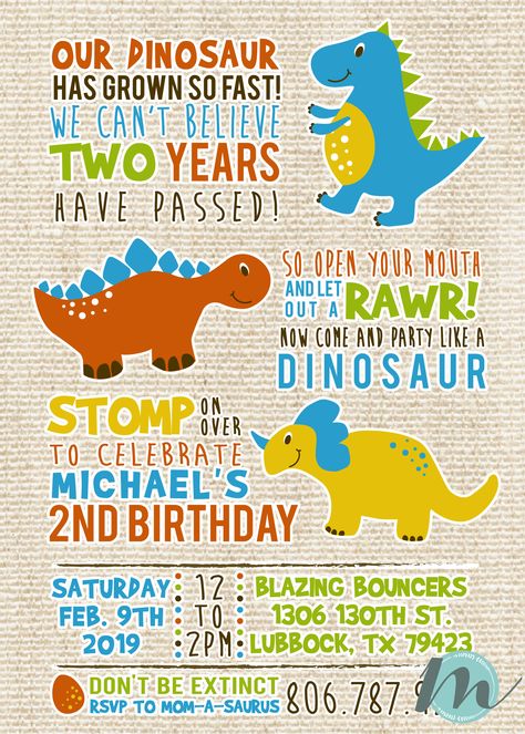 Dinosaur 2nd Birthday Invitation Dinosaur Birthday Party Invitations, Dinosaur Invitations, Birthday Dinosaur, Dinosaur Themed Birthday Party, Dinosaur Birthday Invitations, Dino Birthday Party, Dinosaur Theme Party, 2nd Birthday Invitations, Dino Birthday