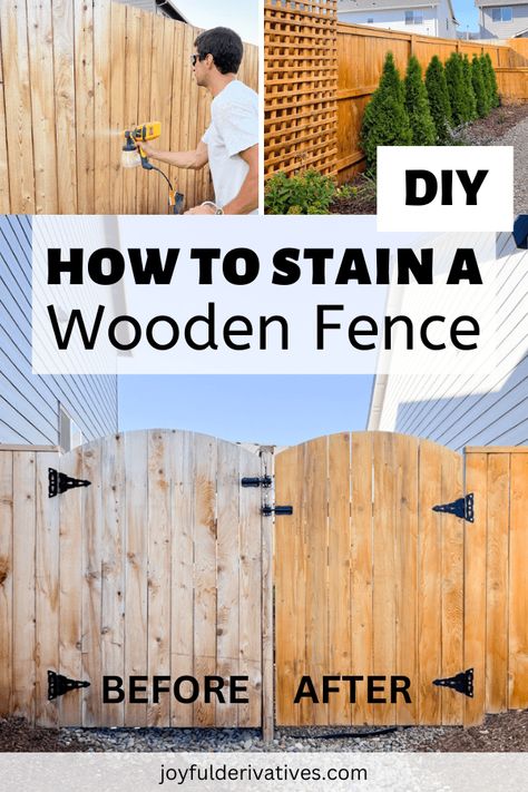 How to Stain a Wooden Fence (Ultimate Guide) - Joyful Derivatives Diy Wooden Fence, Staining Wood Fence, Fence Stain, Fence Boards, Front Yard Fence, Wooden Fence, Wood Fence, Picket Fence, Wooden Garden