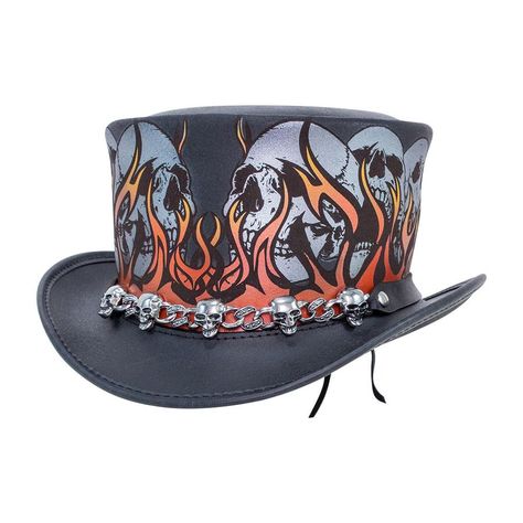 Voodoo Hatter Burnin Hell Top Hat w/ Flames - American Hat Makers Steampunk Hatter, Leather Top Hat, American Hat Makers, Steampunk Top, Skull Fire, Steampunk Top Hat, Steampunk Hat, Skull Hat, Black Leather Top