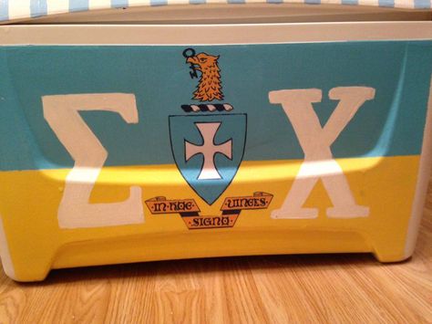 Sigma Chi crest frat cooler Mountain Weekend Cooler, Nola Cooler, Formal Cooler Ideas, Fraternity Coolers, Auction Basket, Sorority Formal, Frat Coolers, Delta Chi, Sigma Chi