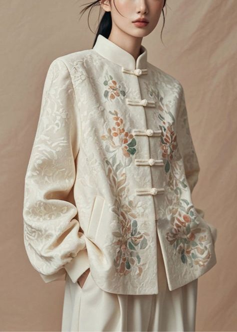 New Beige Chinese Button Print Cotton Coat Fall – Omychic Chinese Button, Asian Style Dress, Hmong Clothes, Haute Couture Embroidery, Fashion Top Outfits, Comfortable Room, Fall Fabric, Cotton Coat, Cup Size