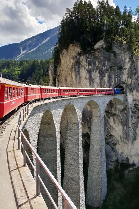 Our ultimate guide to the Bernina Express train line Switzerland Mountains, Bernina Express, Old Bridges, Europe Honeymoon, Scenic Railroads, Italy Holidays, Bridge Building, Chur, Train Pictures